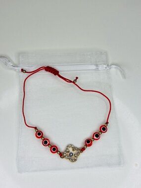 Red Evil Eye Beaded Bracelet with Gold Clover Accent